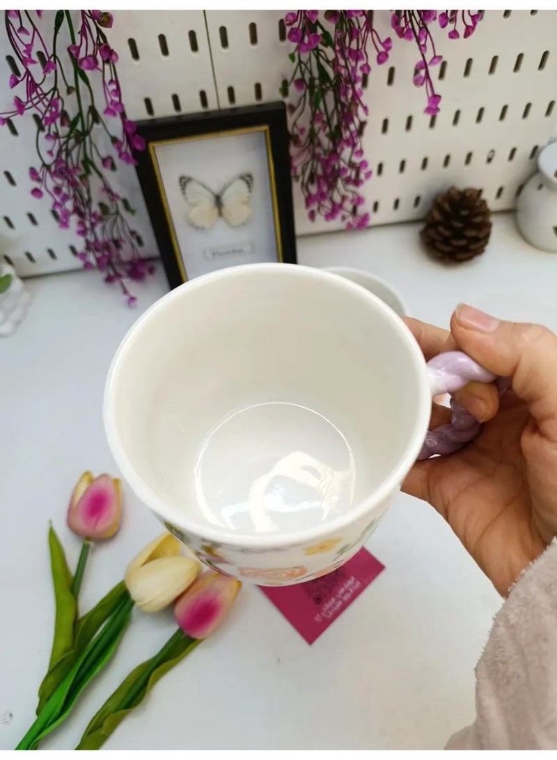 Premium Porcelain Floral Mug 380ml with Purple Twisted Handle and Ergonomic Design for Hot and Cold Drinks - Image 5